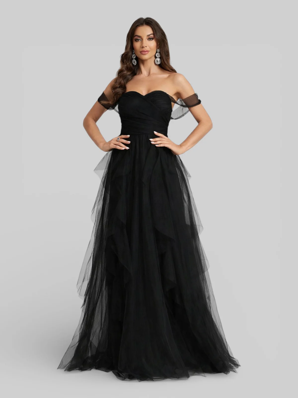 Vestido Longo de Festa em Camadas Ombro a...